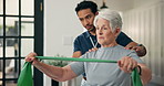 Fitness, physiotherapist or senior woman with resistance band, workout instructions or recovery. Rehabilitation, home muscle training or man with old person for health, retirement support or guidance