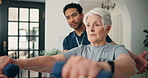 Fitness, physiotherapist or senior woman with dumbbell, workout mentoring or strength training. Rehabilitation, muscle mobility or people with weights for retirement support, coaching or help in home