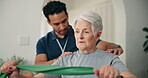 Breathe, physiotherapist or senior woman with resistance band, workout instructions or recovery. Rehabilitation, home muscle training or man with old person for health, retirement support or guidance