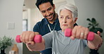 Breathe, physiotherapist or old woman with dumbbell, fitness mentoring or strength training help. Rehabilitation, muscle mobility or people with weights for retirement support, home coach or guidance