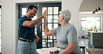 High five, physiotherapist or old woman with dumbbell in home, workout complete or training success. Rehabilitation, celebration or happy people with weights exercise, retirement support or well done
