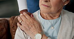 Hands, caregiver and comfort with senior woman for consultation, medical news and empathy. People, consoling and support for healthcare, understanding and rehabilitation with elderly patient at house