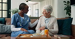 Tray, home and caregiver with senior woman on sofa with food for lunch, meal or snack for health. Retirement, serving and nurse with elderly patient for care, assisted living and medical service