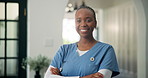 Face, black woman and caregiver with arms crossed at house for career pride, about us and medical services. Portrait, female nurse and confident with ambition, healthcare support and assisted living