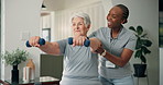 Physiotherapist, old woman and dumbbells with smile, strength training and support at retirement home. People, elderly patient and weightlifting with guide, muscle development and rehabilitation