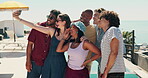 Selfie, outdoor or group of friends with smile, profile picture update or bonding memory for social media. Peace sign, summer holiday or happy people with photography, for reunion post or sunglasses