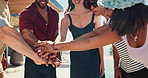 Hands stack, outdoor and people with vacation, party or cheering with happiness. Friends, men or women with summer holiday, excited or weekend break with social gathering, reunion or bonding together