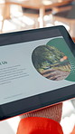 Ecology agency, presentation and person with tablet screen, scroll and environmental proposal. Closeup, employee and technology with sustainability project, planning and about us for company info