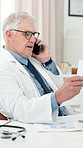 Phone call, doctor and man with paper for healthcare, prescription or telehealth in clinic. Mobile, mature professional and medical document for online consultation, test results or wellness report
