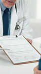 Medical, hands or people in office with contract, discussion or advice for patient application. Healthcare, client or doctor in clinic with form, hospital aid or question on wellness survey.
