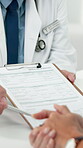 Medical, hands or people in office with contract, discussion or advice for patient application. Healthcare, client or doctor in clinic with form, hospital aid or question on wellness survey.