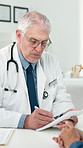 Doctor, man and writing note in consultation for prescription, wellness record or referral letter. Talk, patient and medical expert with notepad, health or diagnosis info with mature person in clinic