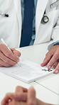 Hands, healthcare and prescription notepad with doctor at desk in hospital for consulting. Appointment, medical and writing with professional person in clinic for patient cure, diagnosis or feedback