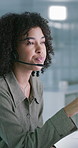 Call center, conversation or woman in office with headset, contact us and advice in crm service. Telecom, explaining and African consultant with tech, online assistance and feedback in client support
