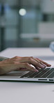 Woman, hands and typing in office with laptop, connection and journalism research for writing article. Journalist, person and browsing in workplace with computer, media publication and online news.