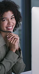 Headset, face or happy woman with computer for customer service, telemarketing or troubleshooting hotline. Portrait, help desk or virtual assistant with tech support for clients, contact us or pride