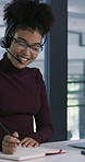 Business woman, notebook and call center with consultant, thinking and advice or reminder. Financial advisor, virtual agent and speaking with headset for writing, support or help desk for loan client