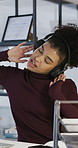 Dance, woman and fun with headphones in office for music, listening and streaming song. Online, audio and happy person with tech for smile with business, employee and rhythm with playlist or radio