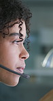 Call center, reading or woman in office with headset, contact us and helpdesk in crm service. Telecom, customer advisory and consultant with tech, online assistance and feedback in client support.
