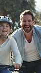 Father, kid and push bicycle for learning outdoor, happiness and development with family together. Ride bike, cycling and parent with girl child for teaching, support and help excited daughter