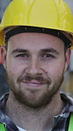 Helmet, man and face of civil engineer on site with confidence for building project. Happy, professional and portrait of male construction worker with pride for inspection with safety gear outdoor.