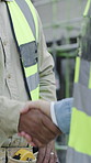 Outdoor, smile and man with handshake for construction partnership, introduction and property deal. Greeting, industrial project agreement or people shaking hands on site, labor contract and teamwork