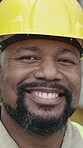 Face, construction and smile with black man on site for building, inspection or expansion. Architecture, infrastructure engineer and project with contractor for property developer and renovation