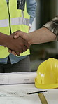 Architecture, handshake and people with blueprint, construction site and meeting for project. Communication, inspector and engineering with team, paperwork and shaking hands with building development