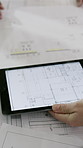 Hands, architect and blueprint with tablet at office meeting, review and app for property expansion. Group, contractor and engineer with floor plan, team or tech for real estate development at agency