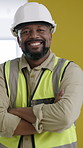 Crossed arms, black man and face of civil engineer on site with confidence for project development. Happy, safety gear and portrait of mature male construction manager with pride for building.