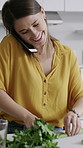 Woman, phone call and cooking with vegetables in kitchen, home and happy with cutting, recipe and chat. Person, smartphone and smile with organic ingredients, contact or prepare vegan meal in house