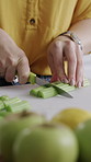 Knife, hands and woman cutting celery in kitchen for cooking, meal or diet snack in morning. Ingredients, health and female person chopping fresh vegetables for nutrition supper or dinner in house.