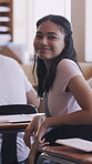Student, education and face of girl in classroom for learning, knowledge and studying opportunity. Academy, future development and high school with person on campus institute for entrance exam prep
