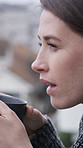 Woman, thinking and balcony with coffee in city for morning beverage, start or ambition in home. Thoughtful, female person or wonder with mug, cup or caffeine drink for inspiration on outdoor terrace