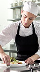 Woman, chef and cooking with plate, presentation or salad for cuisine career at restaurant. Person, food and wipe sauce with gourmet, garnish and quality assurance with catering job in kitchen