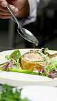 Culinary, plating or hands in kitchen with preparation, catering or presentation in luxury cuisine. Hospitality, chef or man in restaurant with ingredients, meal or dish topping in fine dining.