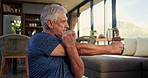 Man, stretching and warm up for fitness, home and workout routine in lounge, pilates and flexibility. Healthy, mature person and balance for exercise preparation, breathing and active for wellness