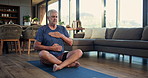 Meditation, breathe and senior man on floor in home for mindfulness, spiritual wellness and calm. House, morning routine and mature person to relax for healing, health and peaceful for stress relief