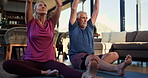 Yoga, morning and senior couple on floor in home for mindfulness, wellness and stretching. Marriage, retirement and mature man and woman breathing for mobility, health and balance for meditation