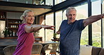 Yoga, high five and senior couple in morning for mindfulness, wellness and flexibility in home. Retirement, marriage and mature man and woman in warrior pose for balance, health and exercise together
