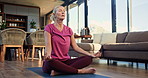 Meditation, morning and senior woman on floor in home for mindfulness, spiritual wellness and calm. House, lotus pose and mature person breathing to relax for healing, health and peaceful energy