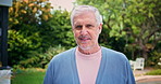 Face, smile and senior man in backyard, retirement and confident with weekend break. Outdoor, pensioner and mature person with happiness, calm and afternoon session with old age, peace and relax