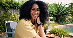 Relax, smile and face of woman in garden of home for summer vacation, pride and peace. Happiness, calm and weekend break with portrait of female person in backyard of apartment for outdoor and rest