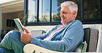 Backyard, reading or senior man with tablet to relax, ebook story contemplation or retirement forum chat. Outdoor, online fiction novel or old person with message for smile, info reflection or tech