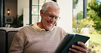 Outdoor, reading or senior man with tablet for entertainment,  ebook story or retirement forum chat. Patio, browsing internet or happy elderly person with tech to watch movie, relax or social media