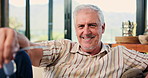 Face, old man and relax with smile at house for peace, calm morning and comfortable on couch. Portrait, senior person or glasses on sofa, weekend break and rest with happiness in lounge on retirement