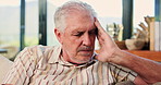 Elderly man, headache and pain with stress on sofa for vertigo, strain or pressure in home. Senior, male person or sore head with migraine or ache on couch for anxiety or old age in retirement house