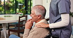 Senior, happy man and nurse with patient in wheelchair for support or assisted living in home. Empathy, caregiver and helping elderly person with a disability for trust, health or recovery in house