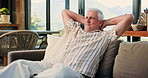 Relax, happy and senior man on sofa in home for chilling, comfortable and enjoy calm on Sunday afternoon. Retirement, morning and mature person on couch for resting, lazy and peaceful in living room
