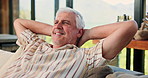 Thinking, stretching and senior man on sofa in home for chilling, comfortable and enjoy calm on afternoon. Retirement, morning and mature person on couch for resting, lazy and peaceful in living room